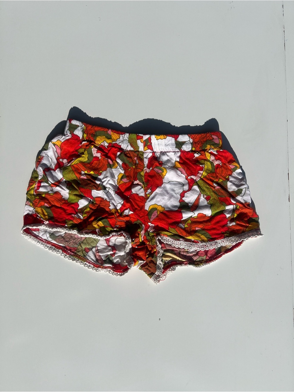 Women's Floral Red & White Bike Shorts with Lace Trim